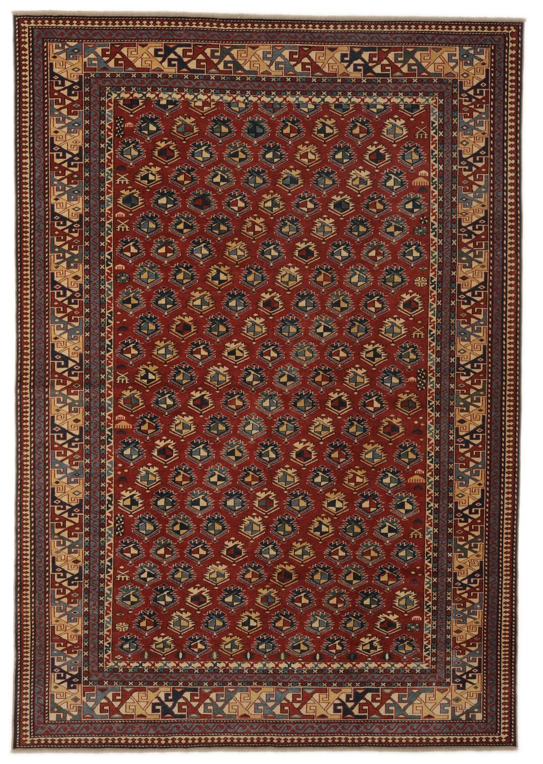 Een handgeknoopt Turks Shirvan tapijt met een rood veld en geometrische motieven