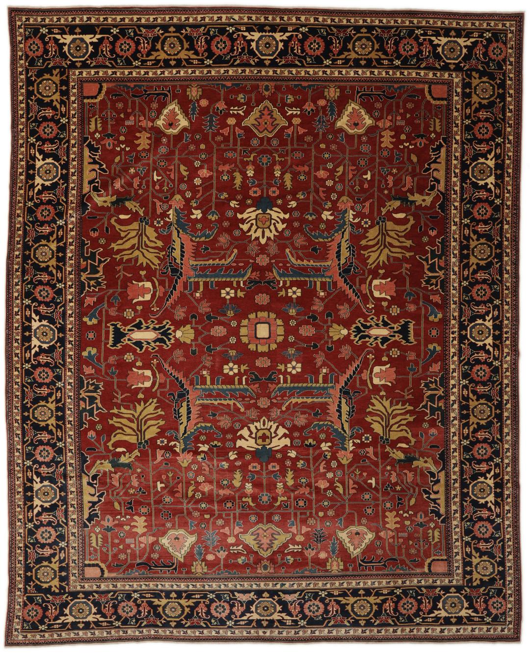 Vintage håndknyttet tyrkisk Shirvan-tæppe i rødt med ornamenterede blomster- og geometriske mønstre.
