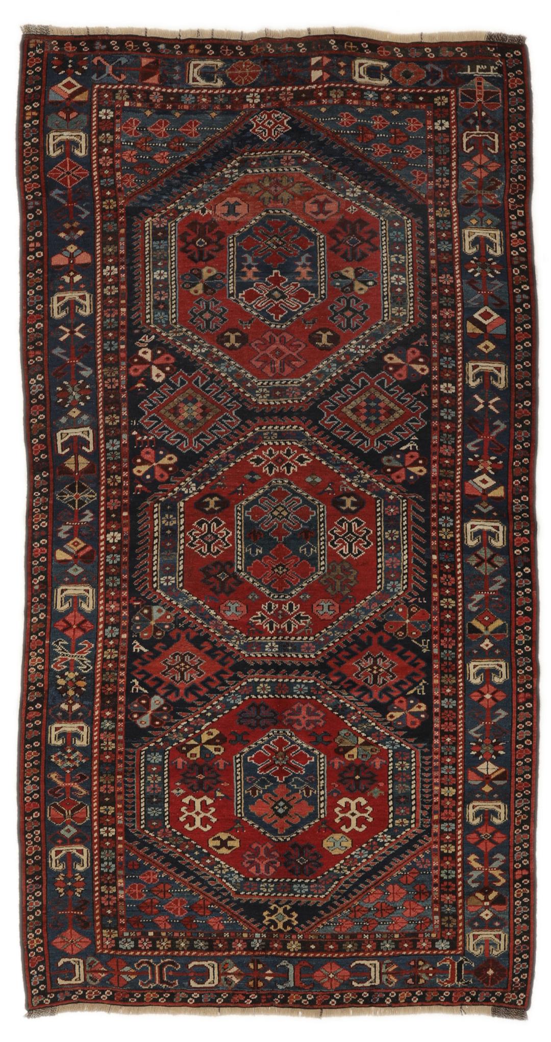 Antiek Shirvan-tapijt uit Azerbeidzjan in veelkleurig design met geometrische medaillonmotieven