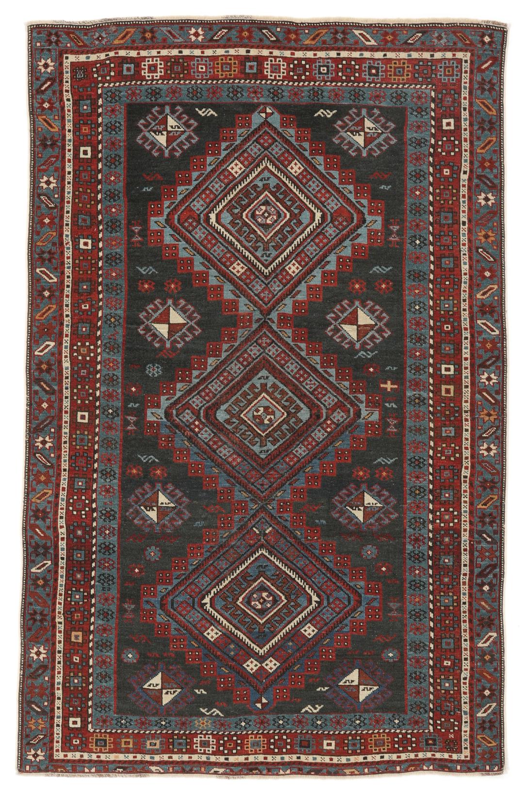 Antiek Shirvan-tapijt met geometrische medaillonpatronen in rood en blauw, afkomstig uit Azerbeidzjan