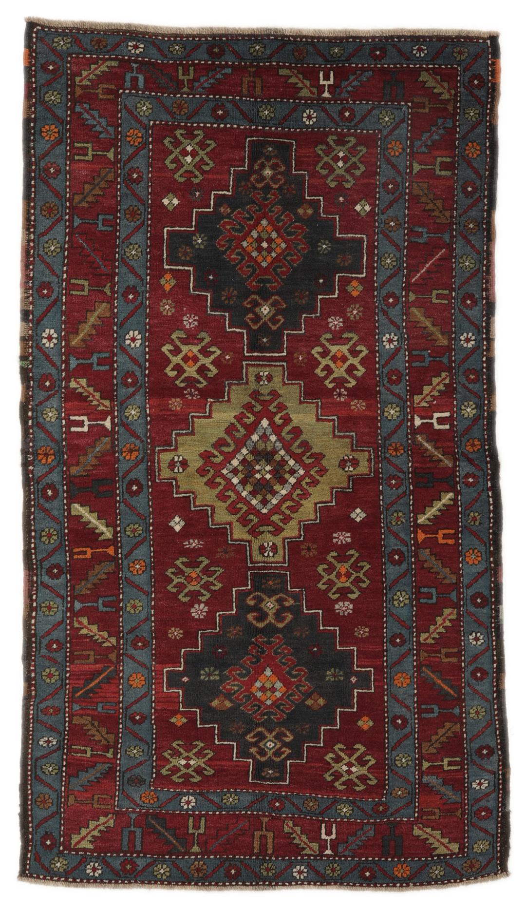 Antiek Shirvan-tapijt uit Azerbeidzjan in rode en blauwe tinten