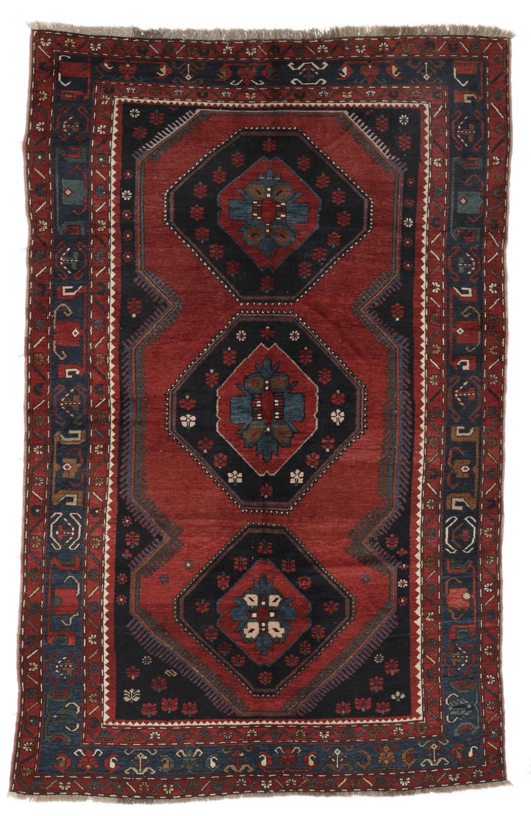 Antiek Lori Pambak-tapijt uit Azerbeidzjan met geometrische medaillons in rood en blauw