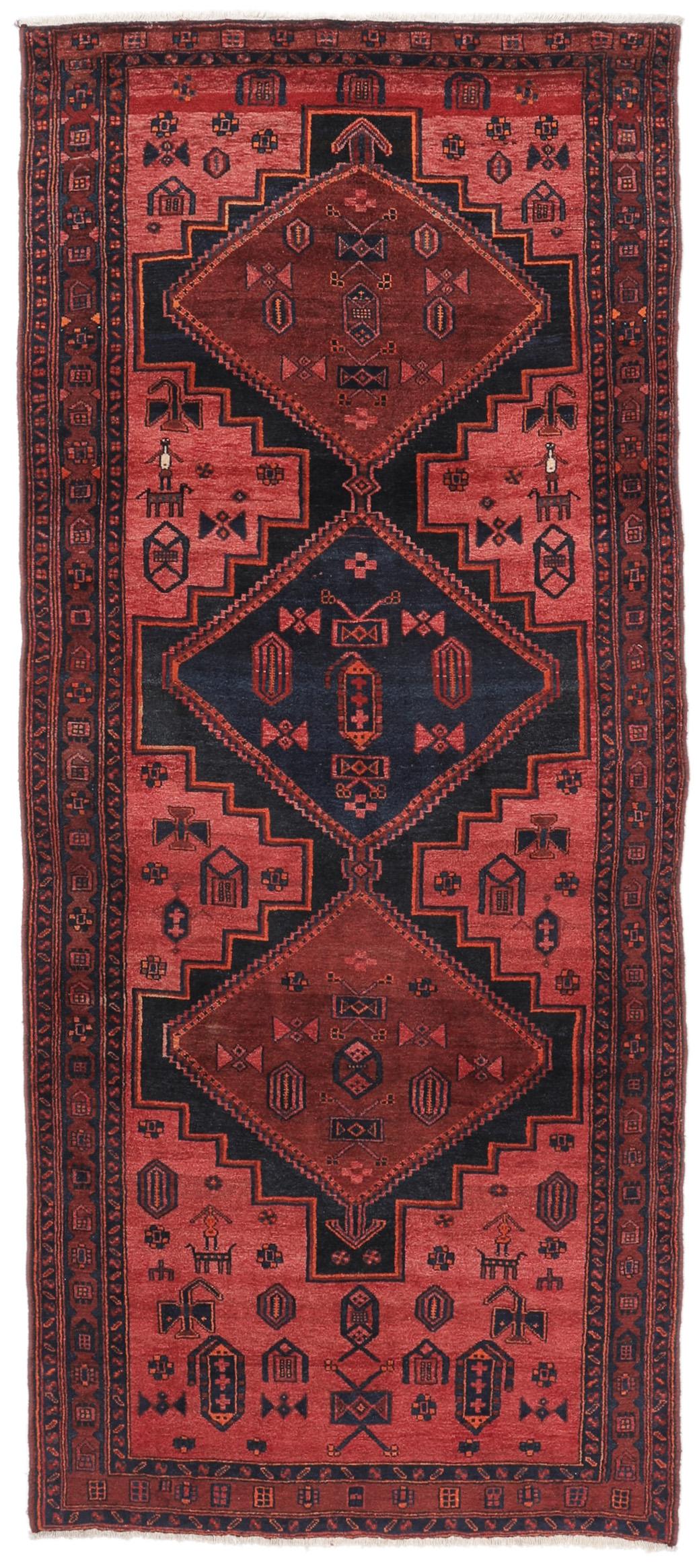 Een handgeknoopte Kurdi loper uit het Midden-Oosten met een levendig rood en zwart geometrisch patroon.