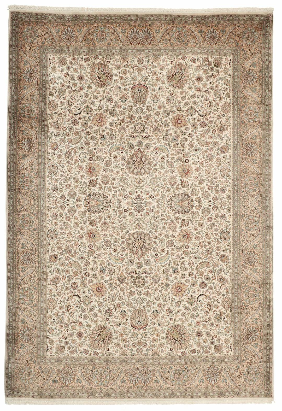 Handgeknoopt Indiaas Kashmir zijden tapijt met een complex beige bloempatroon