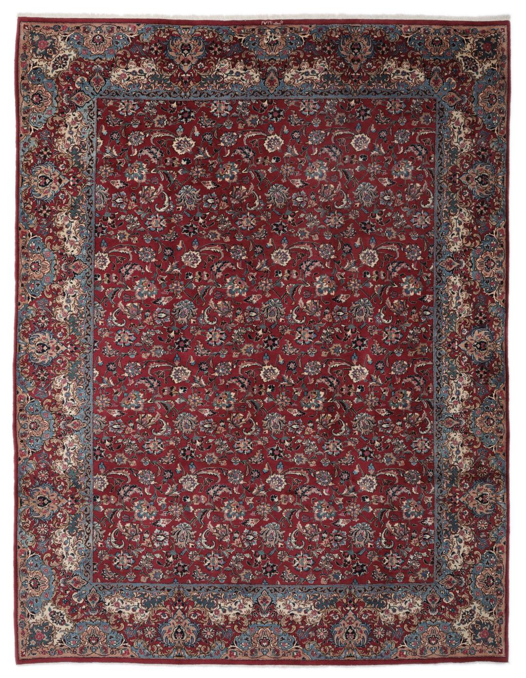 Hand-knotted Mashad rug from the Middle East in dark-red with floral pattern