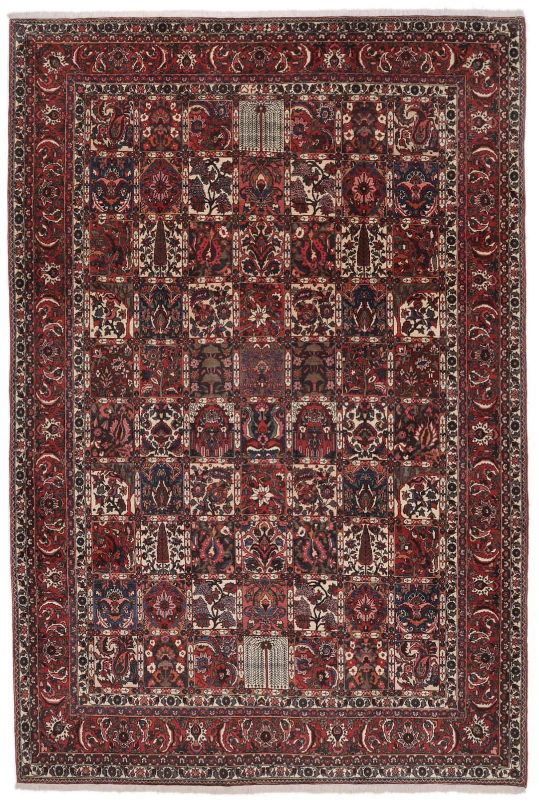 Hand-knotted Bakhtiar rug from the Middle East in deep red and multi-tonal shades