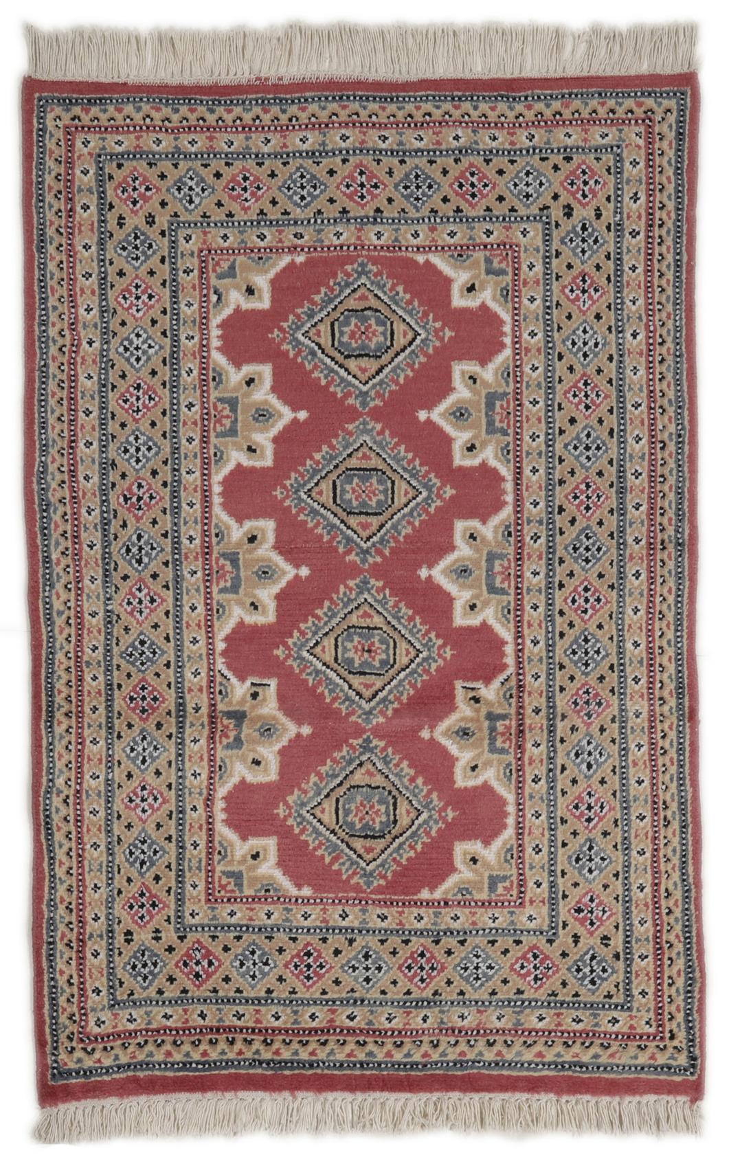 Hand-knotted Pakistan Bokhara 2ply rug with a dark-red field and geometric patterns