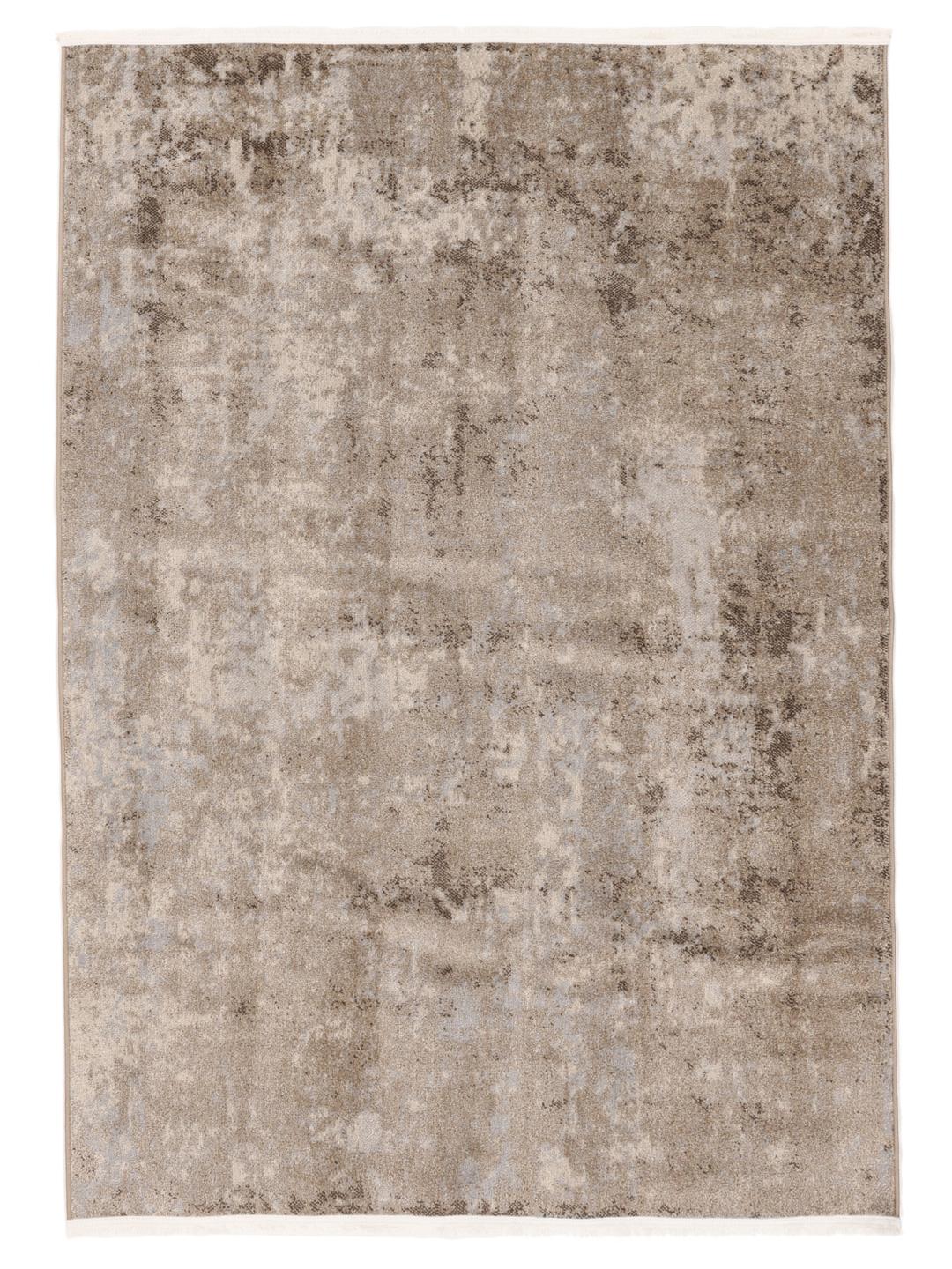Beige en grijs vloerkleed met een verwassen patroon en franjes