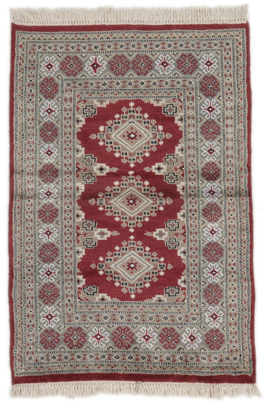 Handgeknoopt Pakistan Bokhara 2ply wollen tapijt in rood en grijs