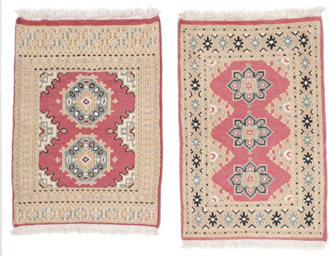 A hand-knotted Pakistan Bokhara rug in red and beige tones.