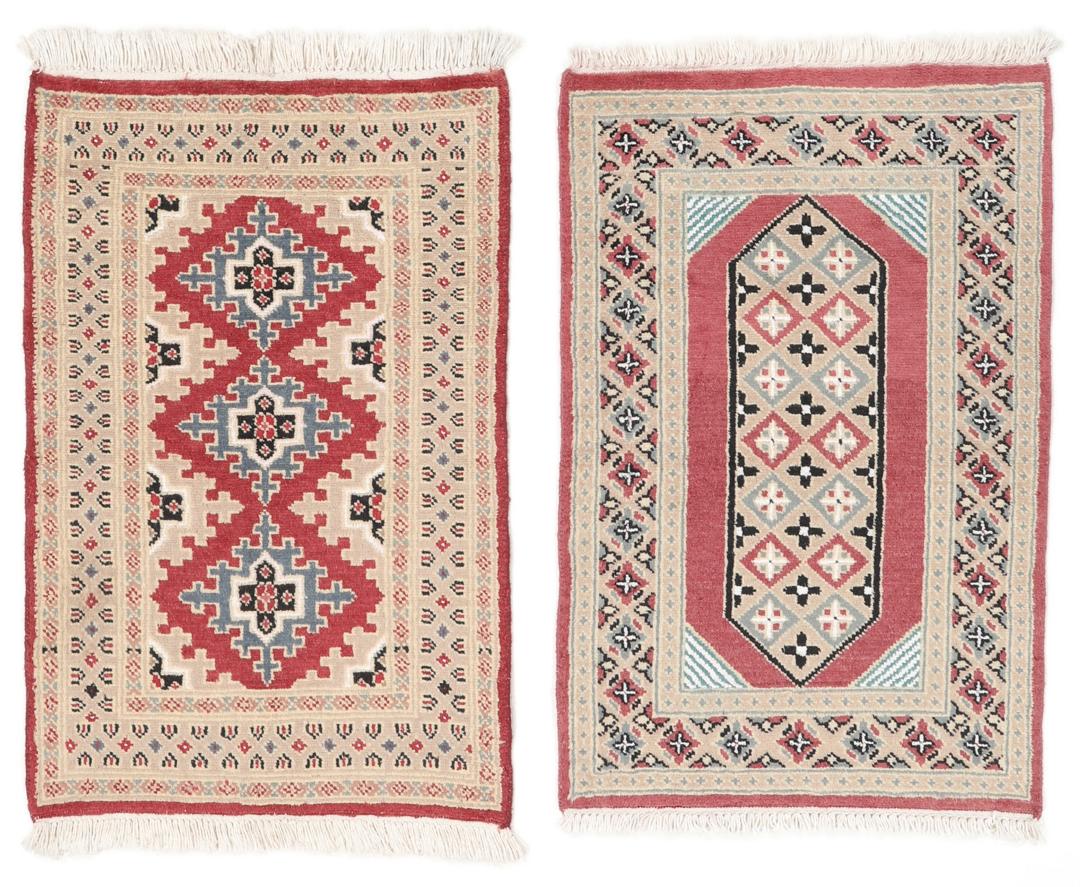 A hand-knotted Pakistan Bokhara 2ply rug featuring geometric patterns in red and beige tones.