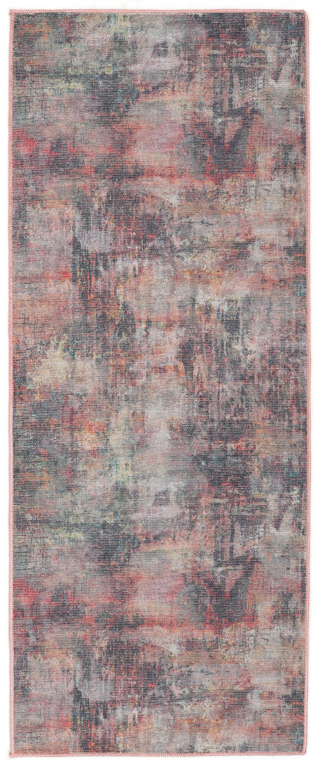 Una alfombra pasillera multicolor con un diseño abstracto.