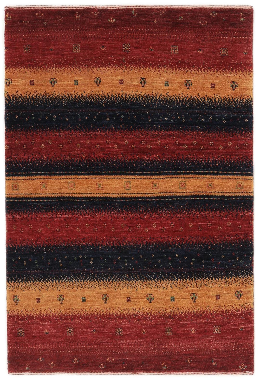 Un tapis Loribaft noué à la main provenant du Moyen-Orient avec un motif rayé rouge, orange et bleu.