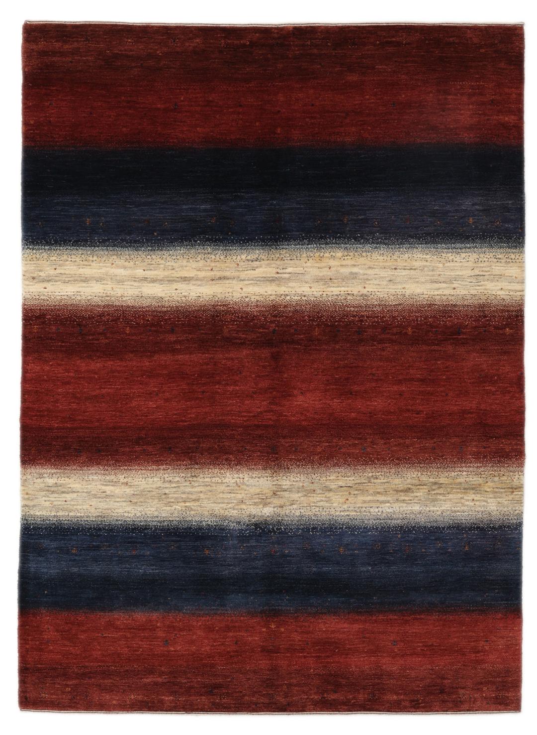 Hand-knotted Loribaft rug from the Middle East with a striped red, blue, and cream design