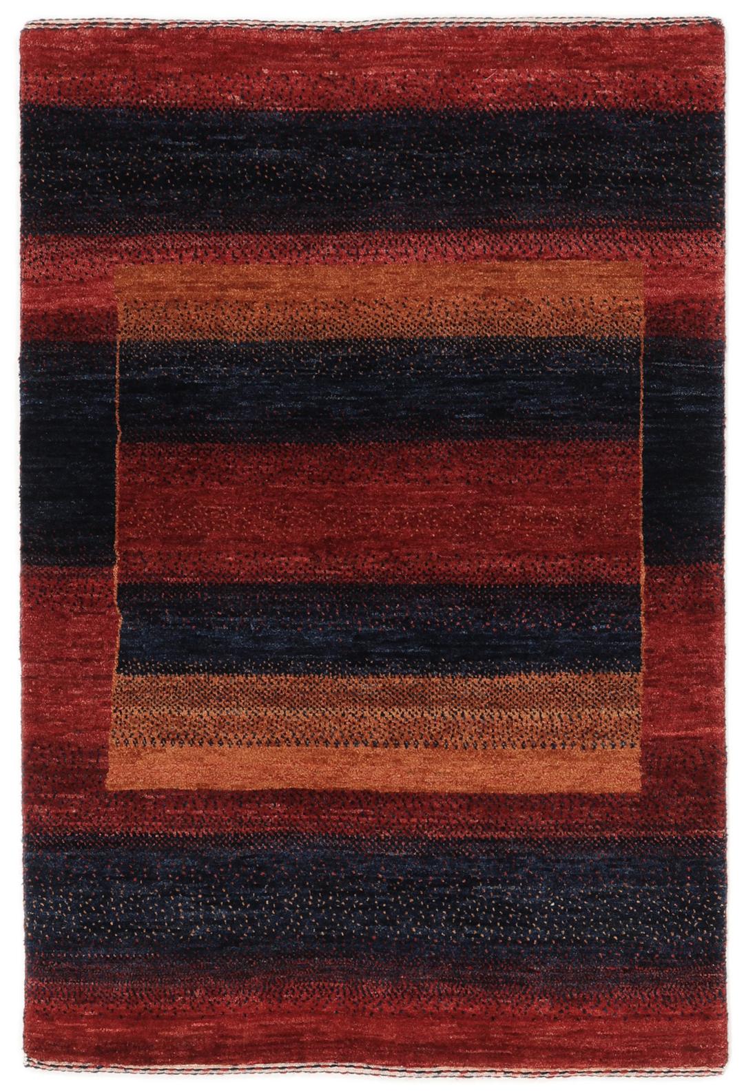 Hand-knotted Loribaft rug from the Middle East in deep red and dark-blue tones.