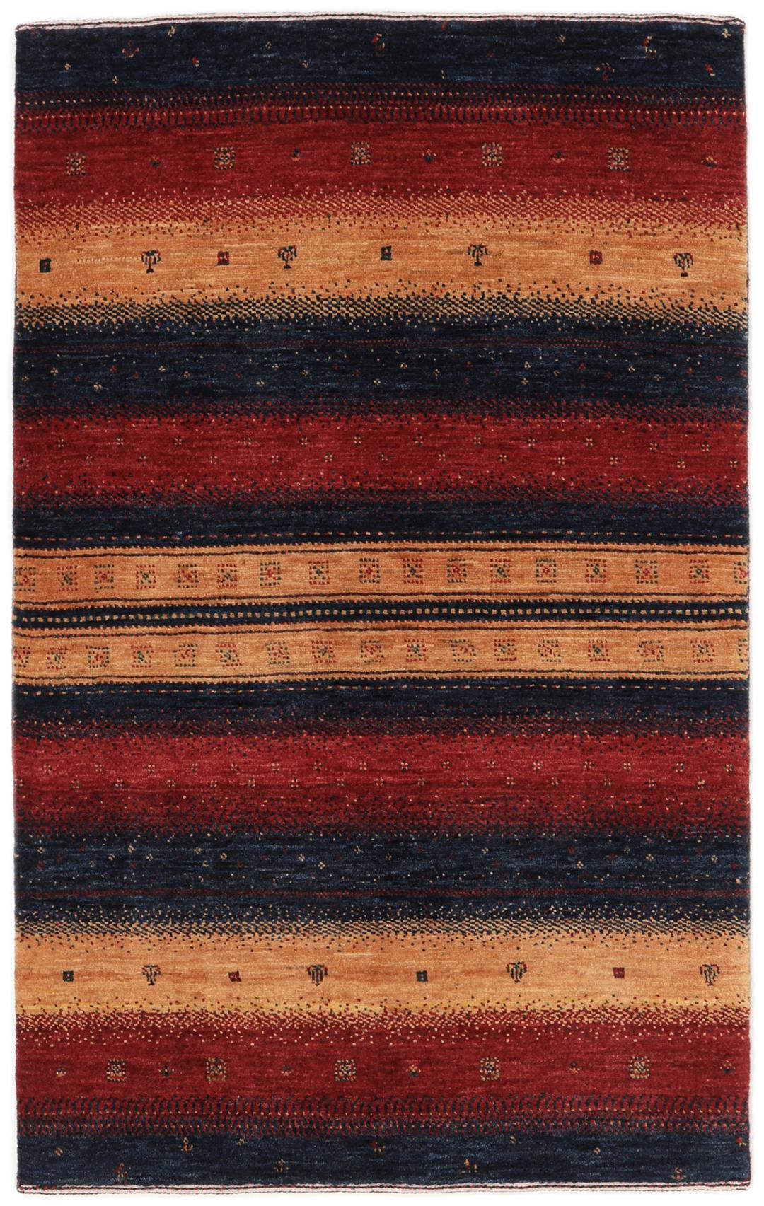 A hand-knotted Middle Eastern Loribaft rug featuring a striped pattern in red, blue, and beige wool.