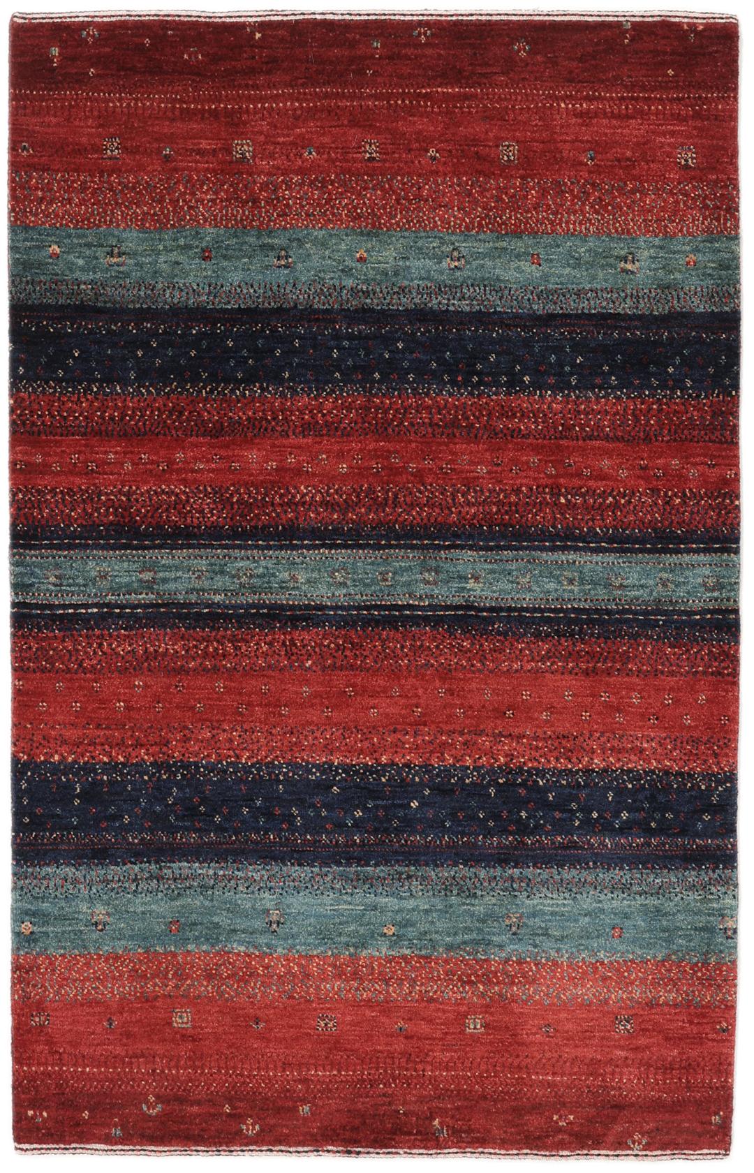 Hand-knotted Loribaft Fine rug with red, blue, and teal stripes from the Middle East
