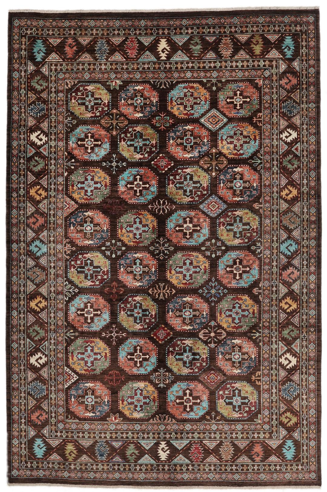 Covor înnodat manual din Afganistan în culori maro cu motive geometrice multicolore