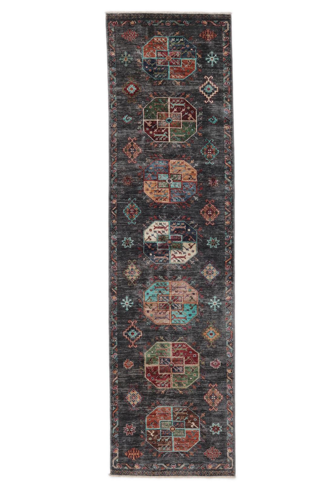 Handgeknoopte Afghaanse loper met geometrische motieven in donkergrijze tinten