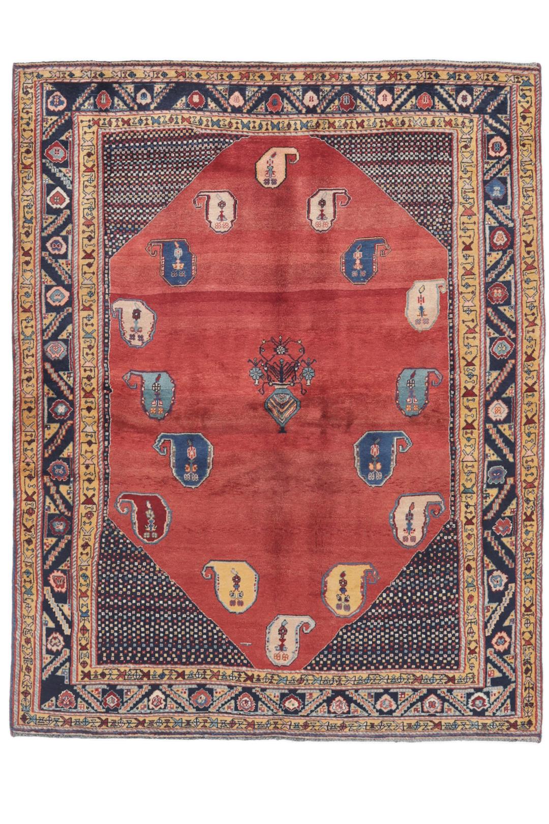 Handgeknoopt Gabbeh Kashkooli tapijt uit het Midden-Oosten in levendig rood met siermotieven