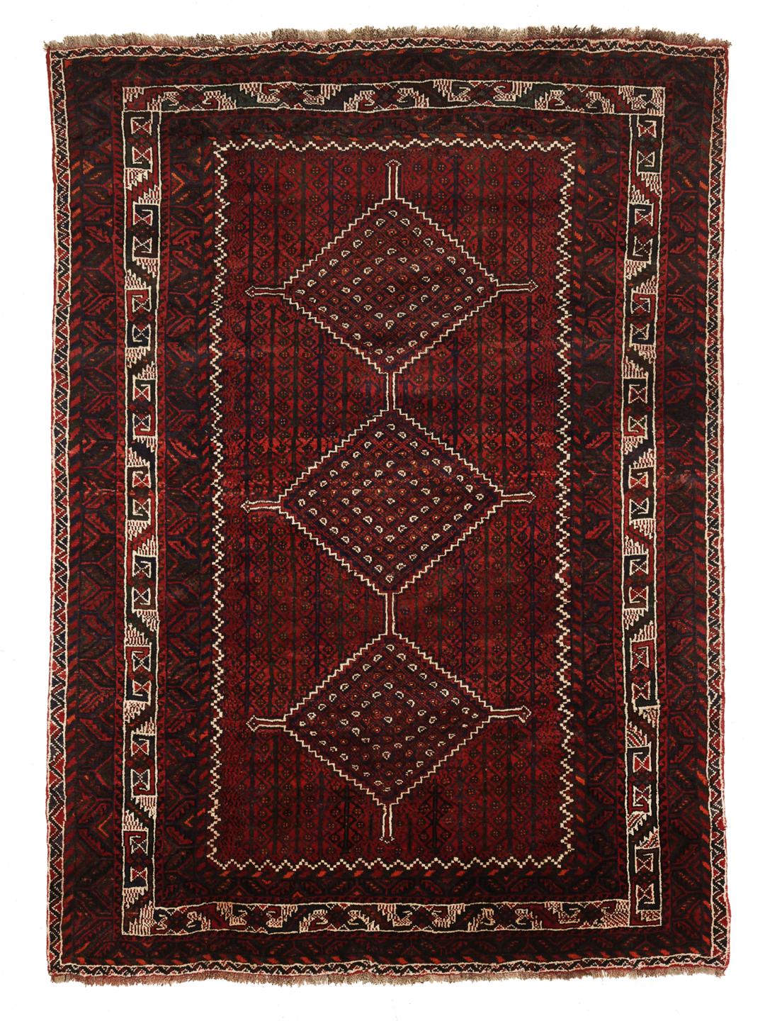 Hand-knotted Shiraz rug from the Middle East featuring a dark-red field with geometric medallions
