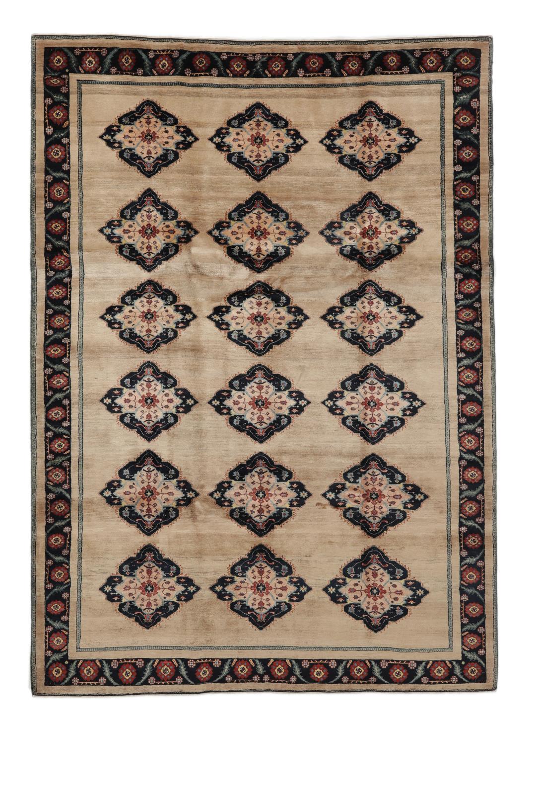 Met de hand geknoopt Gabbeh Kashkooli tapijt met medaillonpatronen in beige en donkerblauw