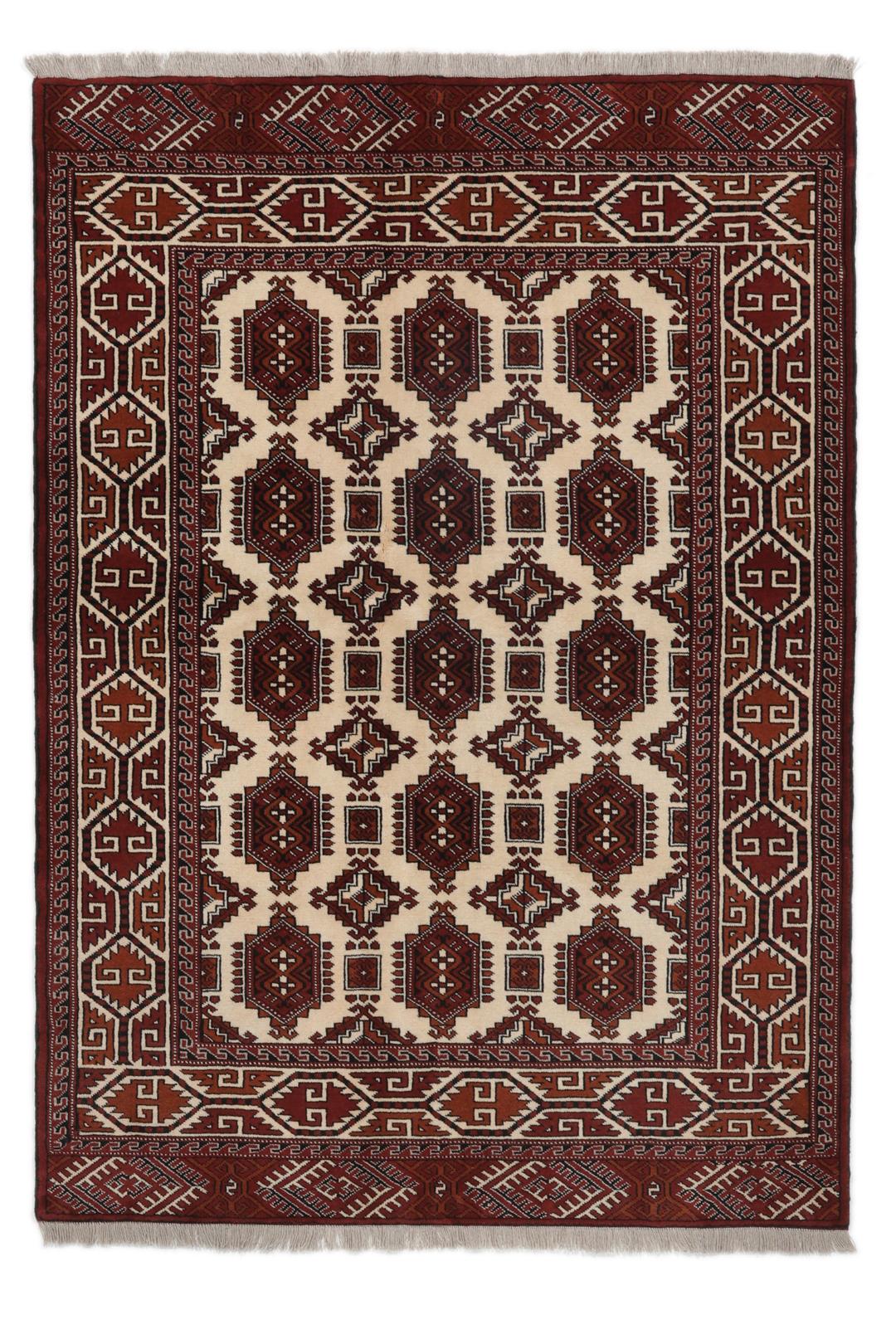 Met de hand geknoopt Turkaman-tapijt uit het Midden-Oosten in dieprode en beige tinten.