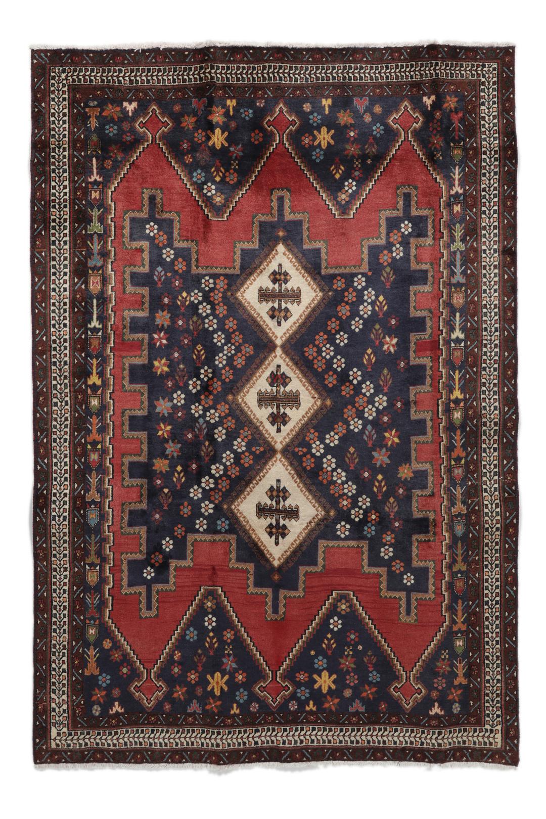 Handgeknoopt Afshar-tapijt uit het Midden-Oosten met een rood en blauw geometrisch medaillonpatroon