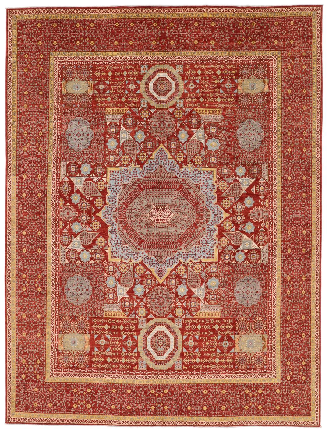 Handgeknoopt Mamluk-tapijt uit Afghanistan in tinten rood en blauw