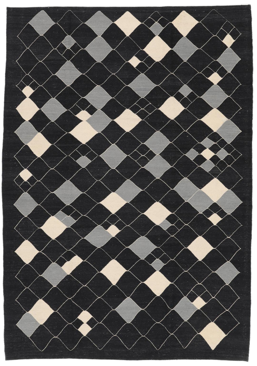 Handgeweven Kelim Modern vloerkleed uit het Midden-Oosten met een zwart, grijs en beige ruitpatroon