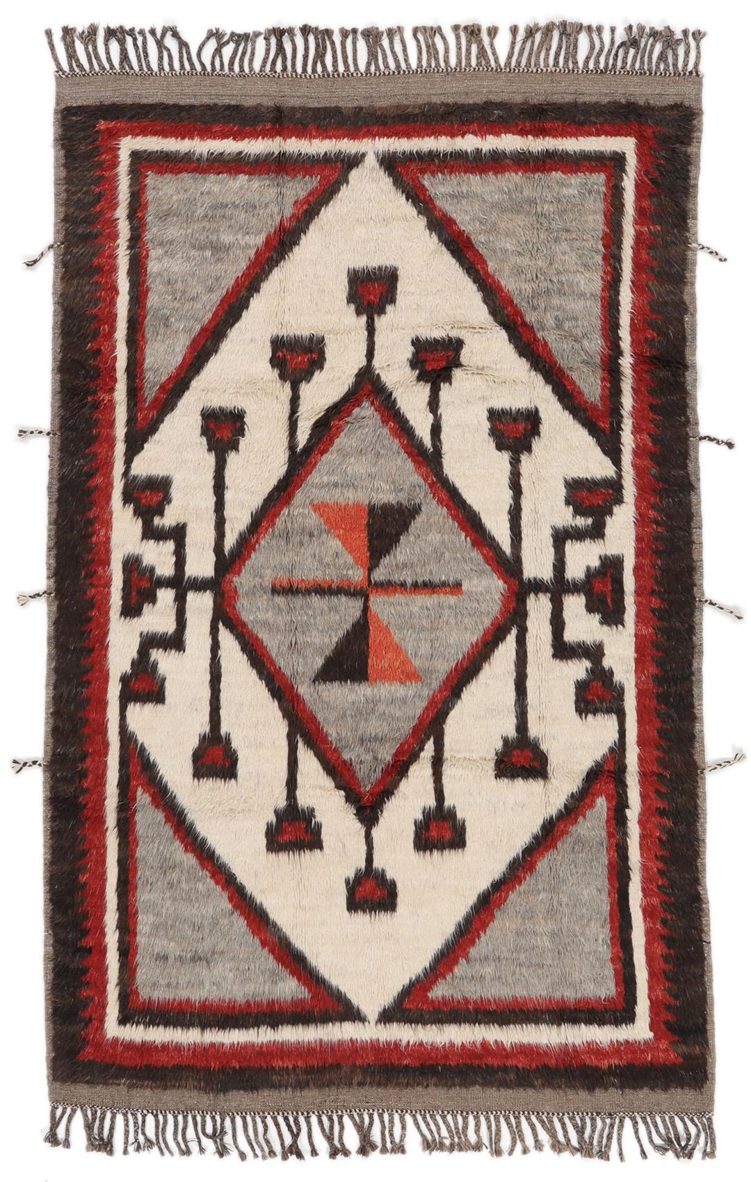 Tapis afghan noué à la main avec des motifs géométriques en rouge, blanc et gris