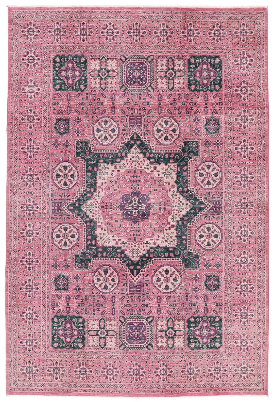 Handgeknoopt Mamluk-tapijt uit Afghanistan in roze en groene kleuren