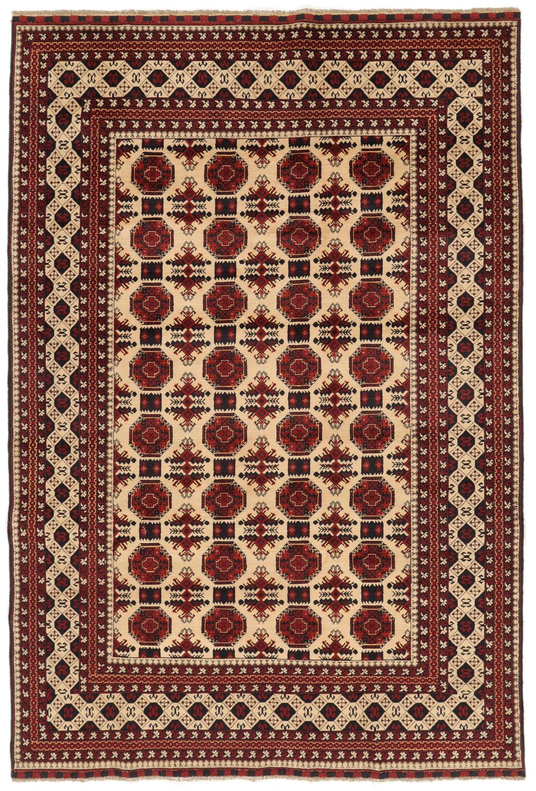 Håndknyttet afghansk Kunduz-tæppe med røde og beige geometriske mønstre