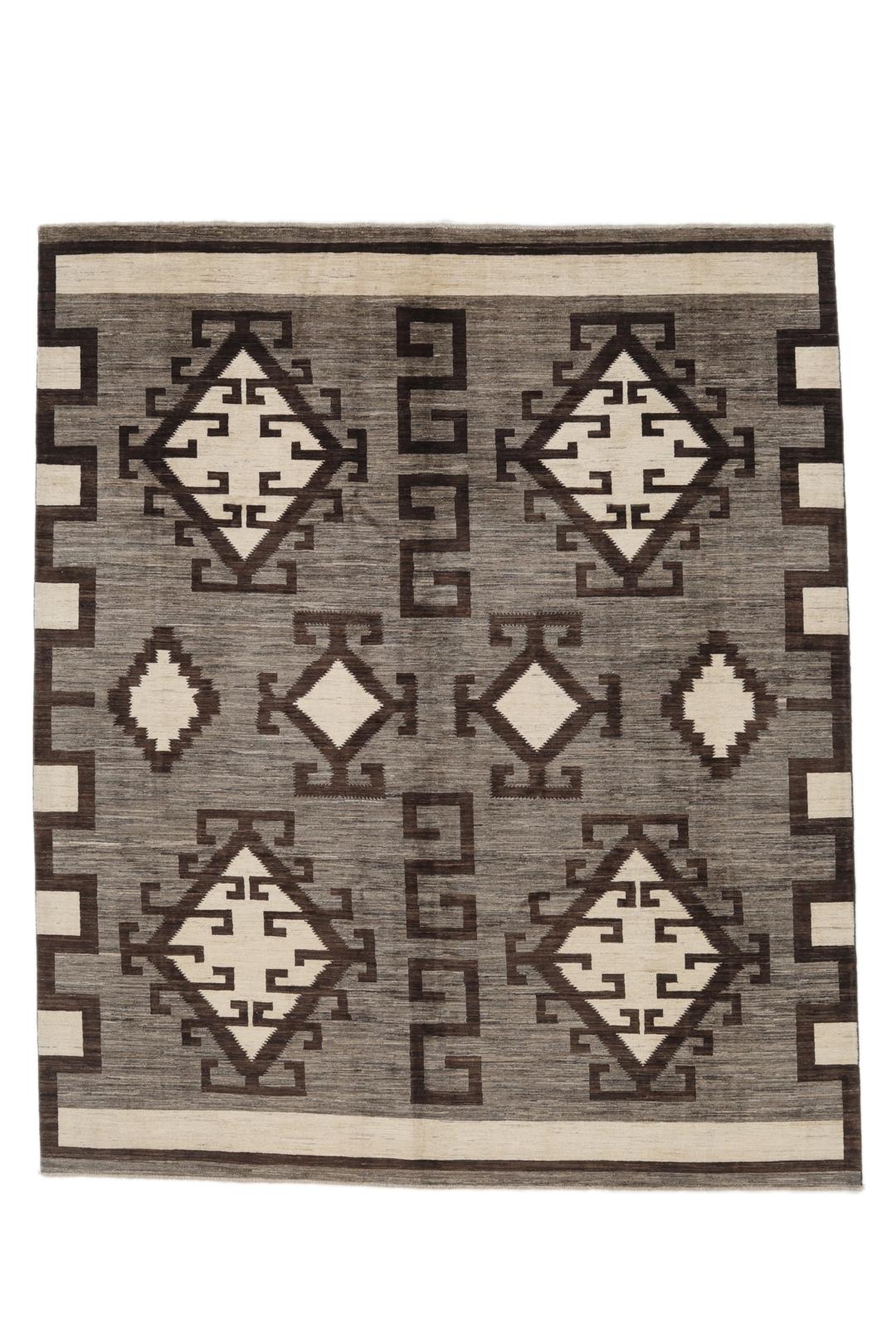 Handgeknoopt Afghaans tapijt met geometrische patronen in grijs en beige