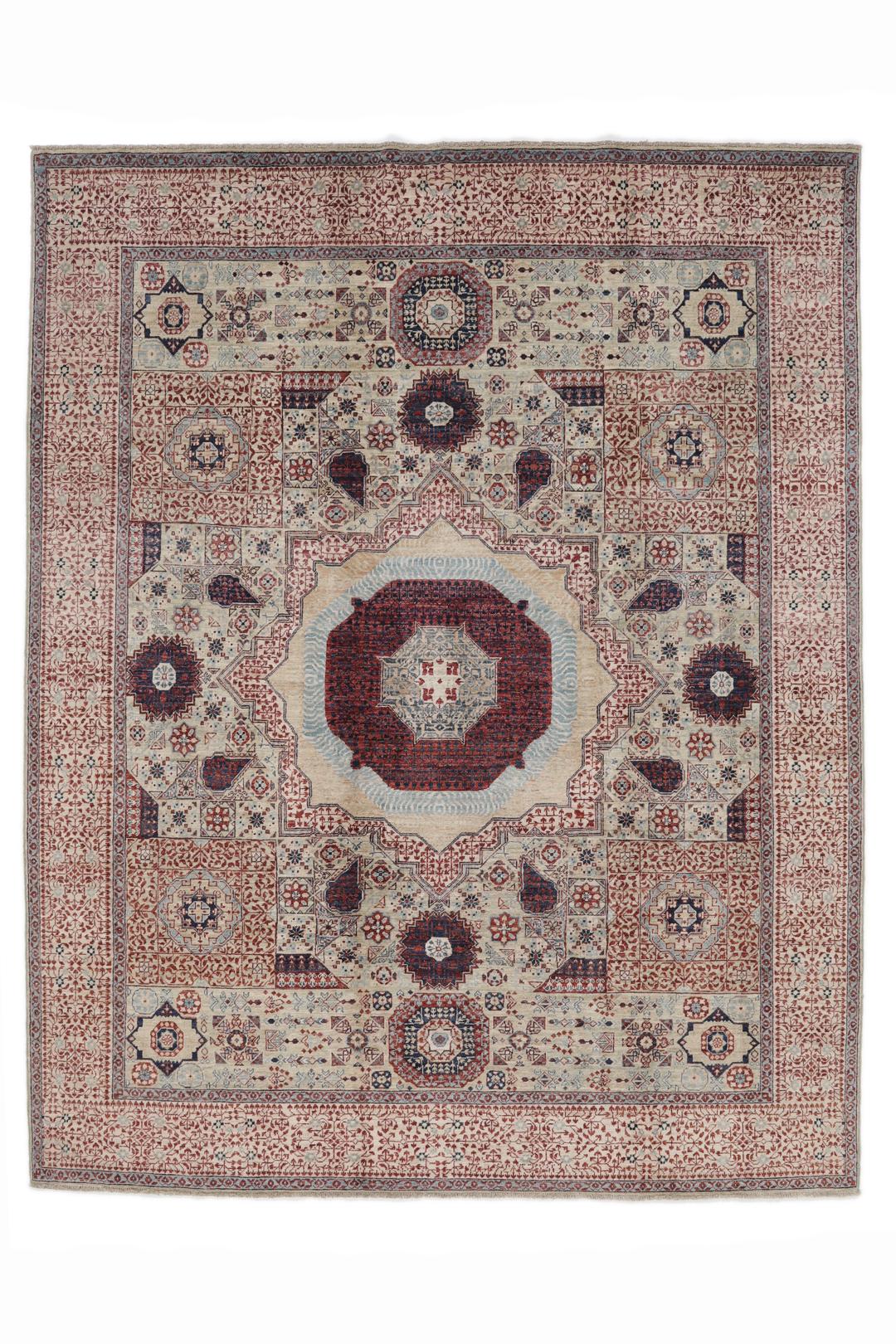 Håndknyttet afghansk Mamluk-tæppe med røde og beige geometriske mønstre