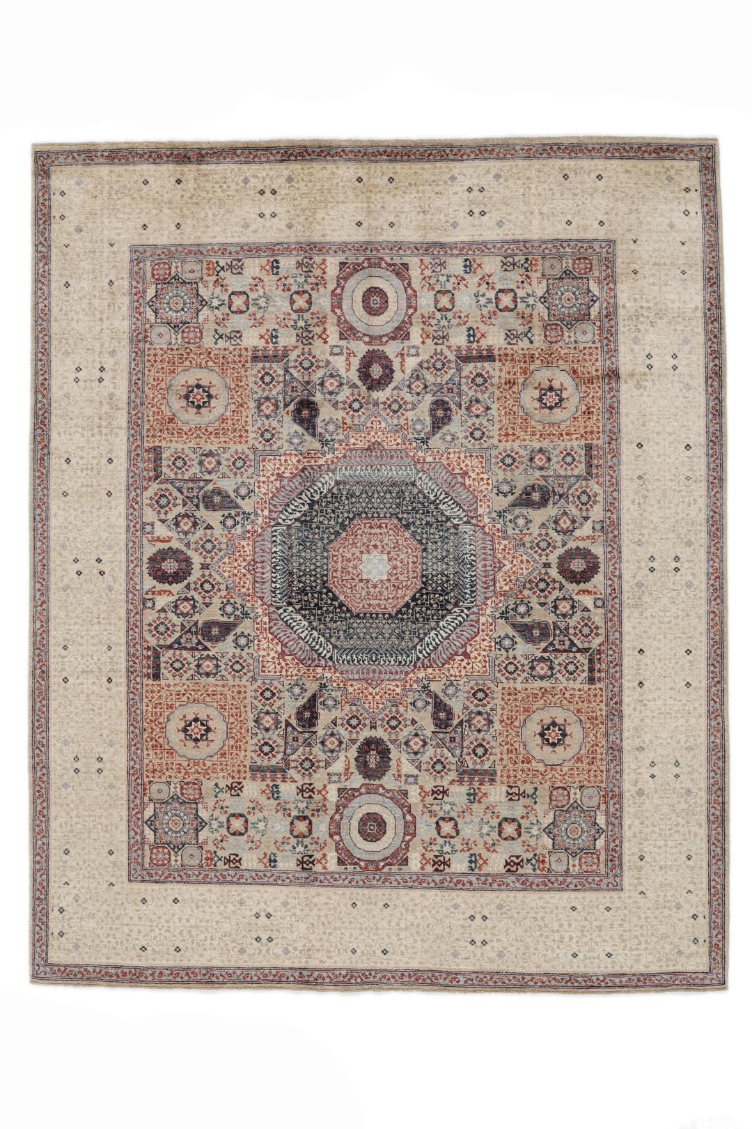 Håndknyttet Mamluk-tæppe fra Afghanistan med et beige og flerfarvet geometrisk design