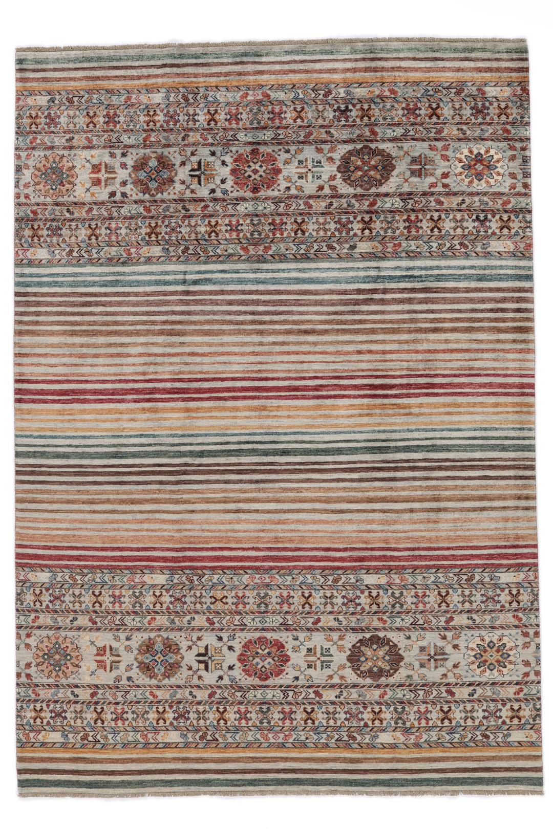 Covor afgan înnodat manual cu design multicolor în dungi și bordură ornamentată