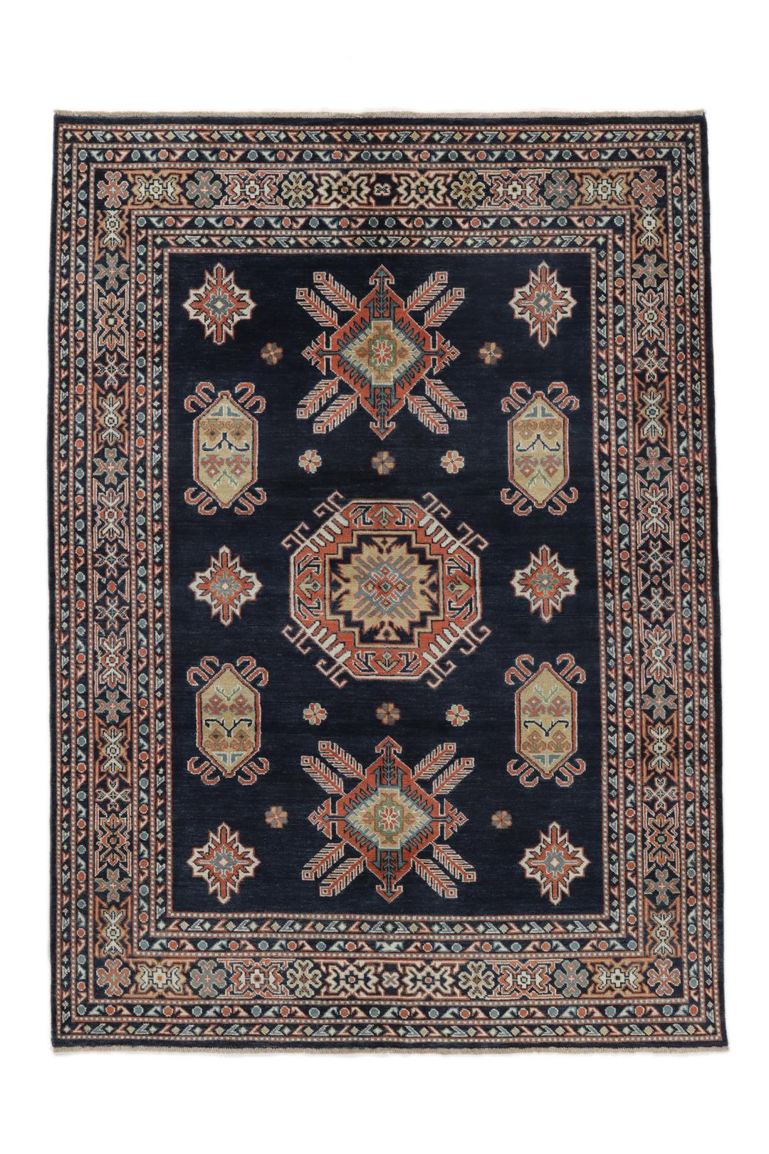 Handgeknoopt Afghaans Kazak-tapijt in donkerblauw met geometrische patronen