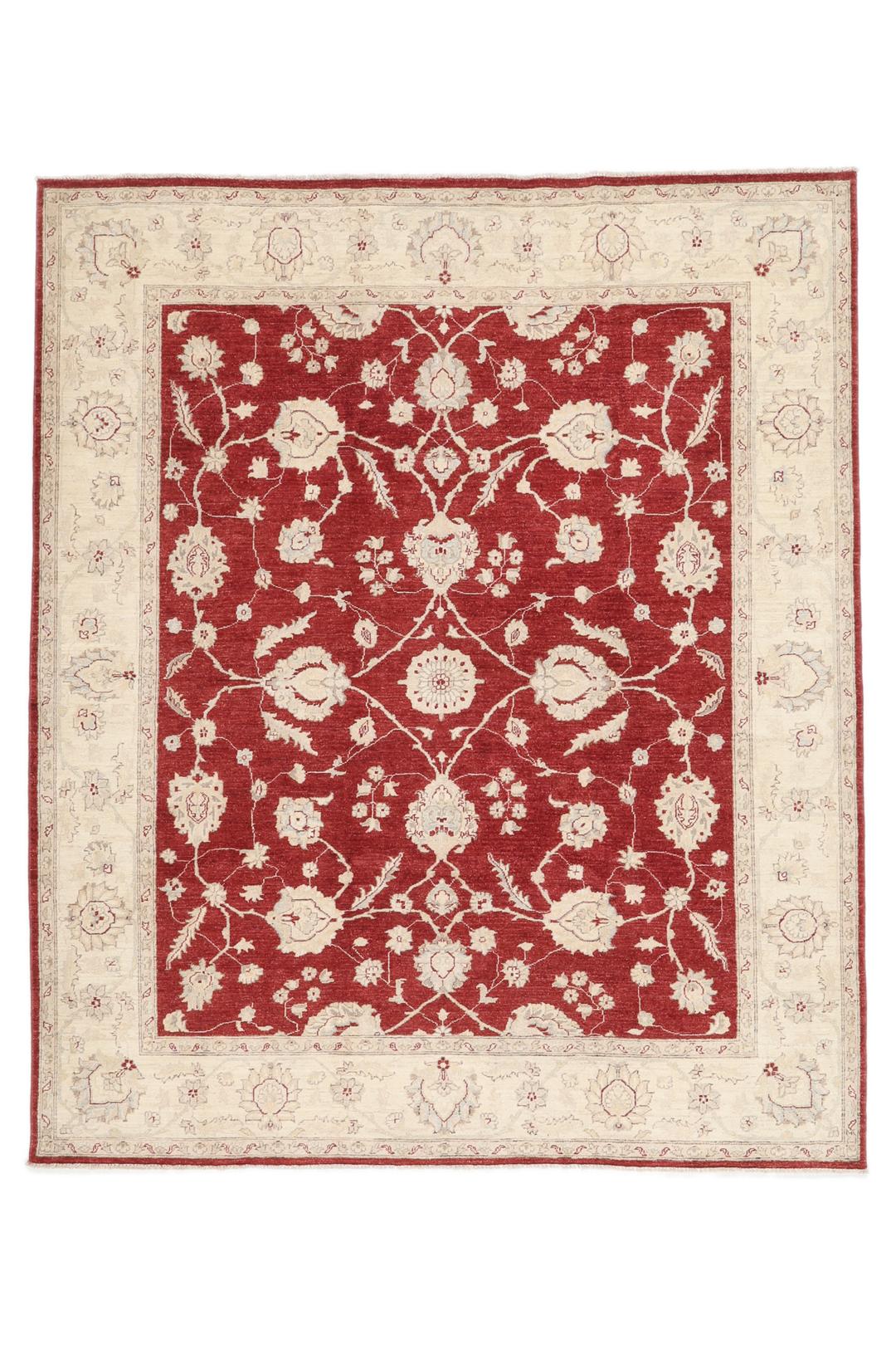 Covor afgan înnodat manual cu design floral roșu și margine crem