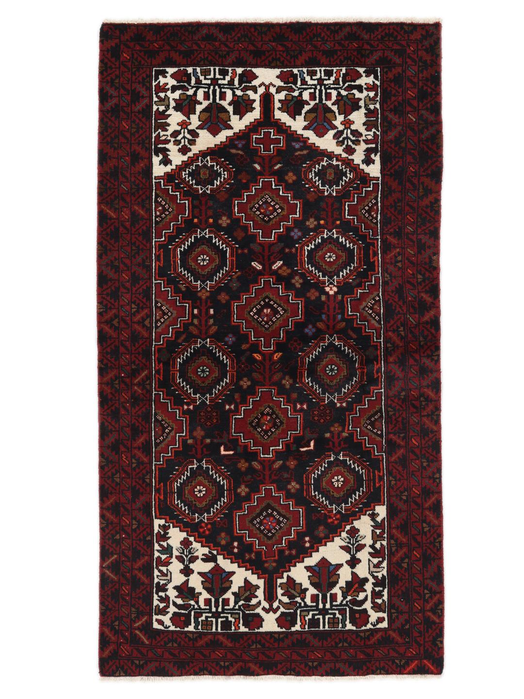 Handgeknoopt Beluch-tapijt met geometrische motieven in donkerrode en zwarte tinten.