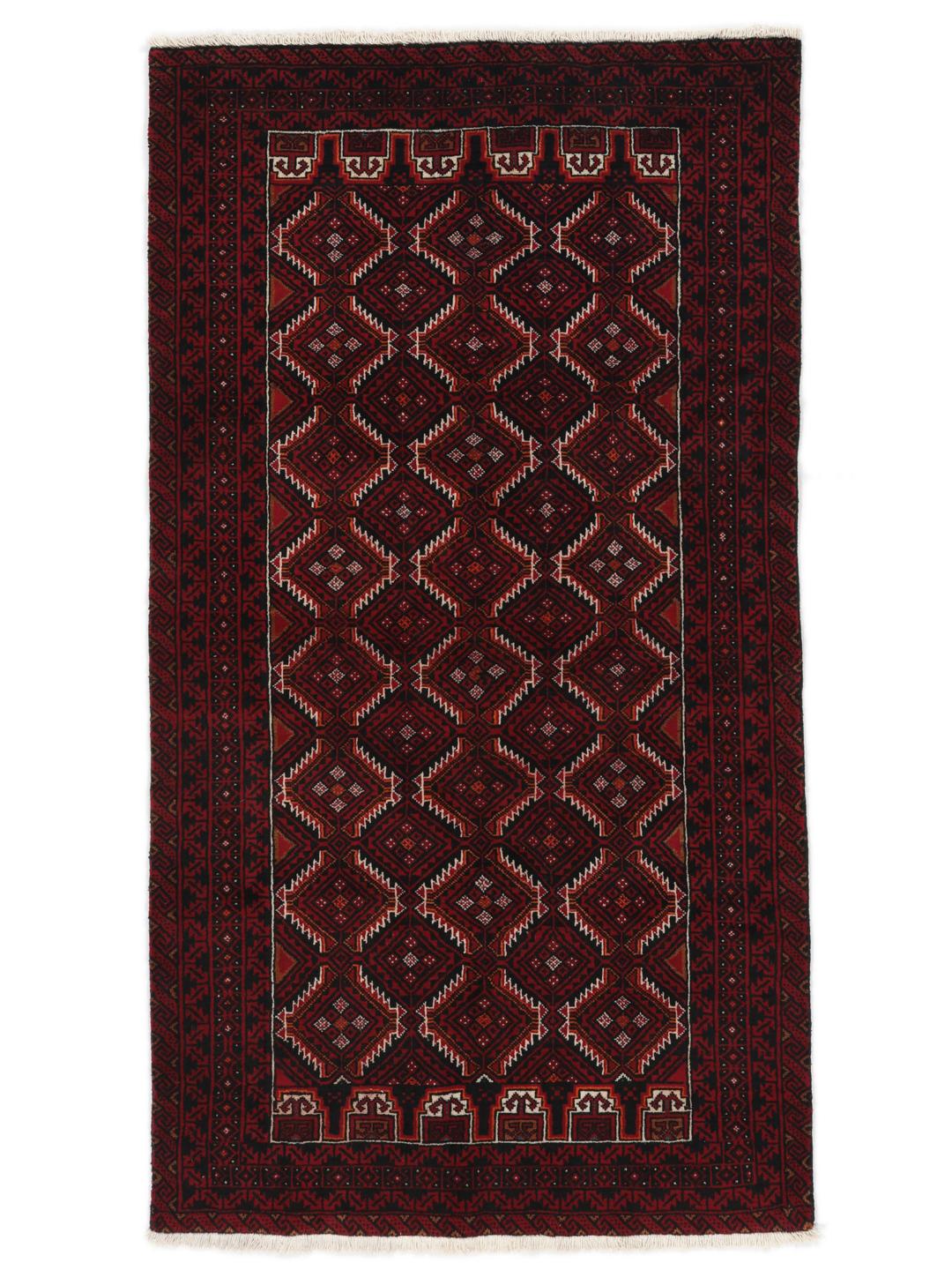 Handgeknoopt Beluch wollen tapijt uit het Midden-Oosten met een donkerrood geometrisch patroon.