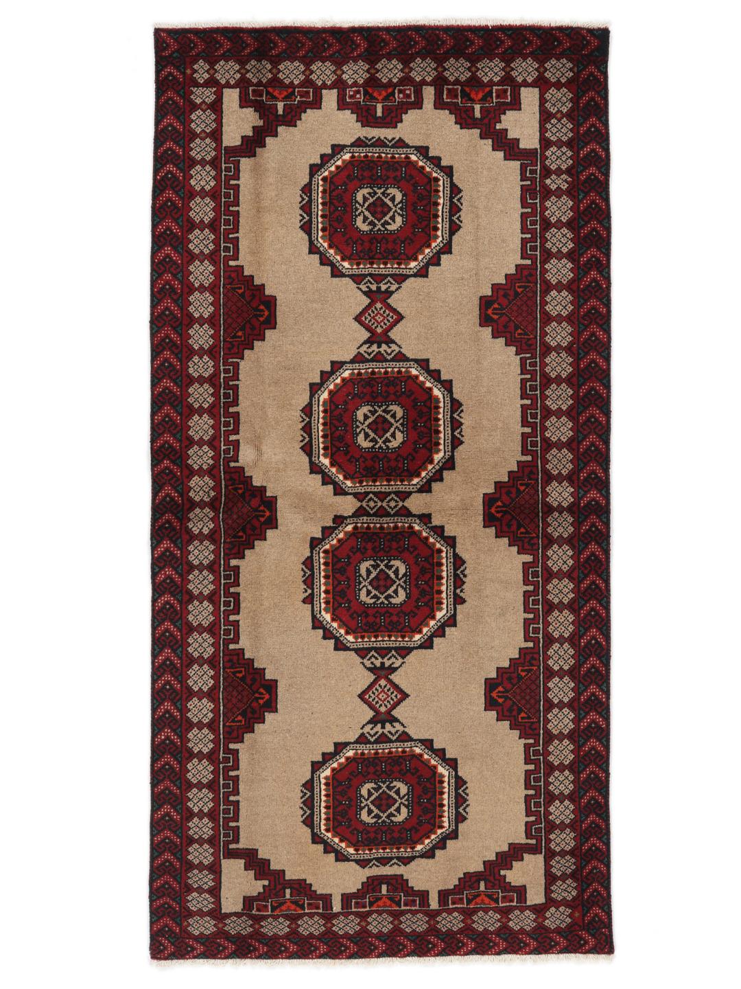 Håndknyttet Baluch-tæppe med røde og beige geometriske mønstre fra Mellemøsten