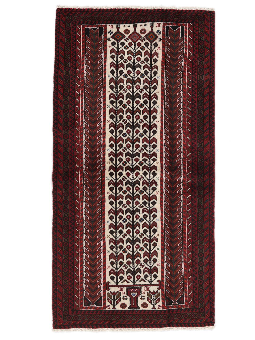 Hand-knotted Middle Eastern rug in red and cream tones