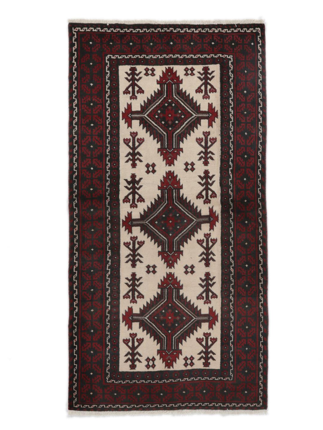 Handgeknoopt Beluch-tapijt met tribale geometrische motieven in donkerrood en beige