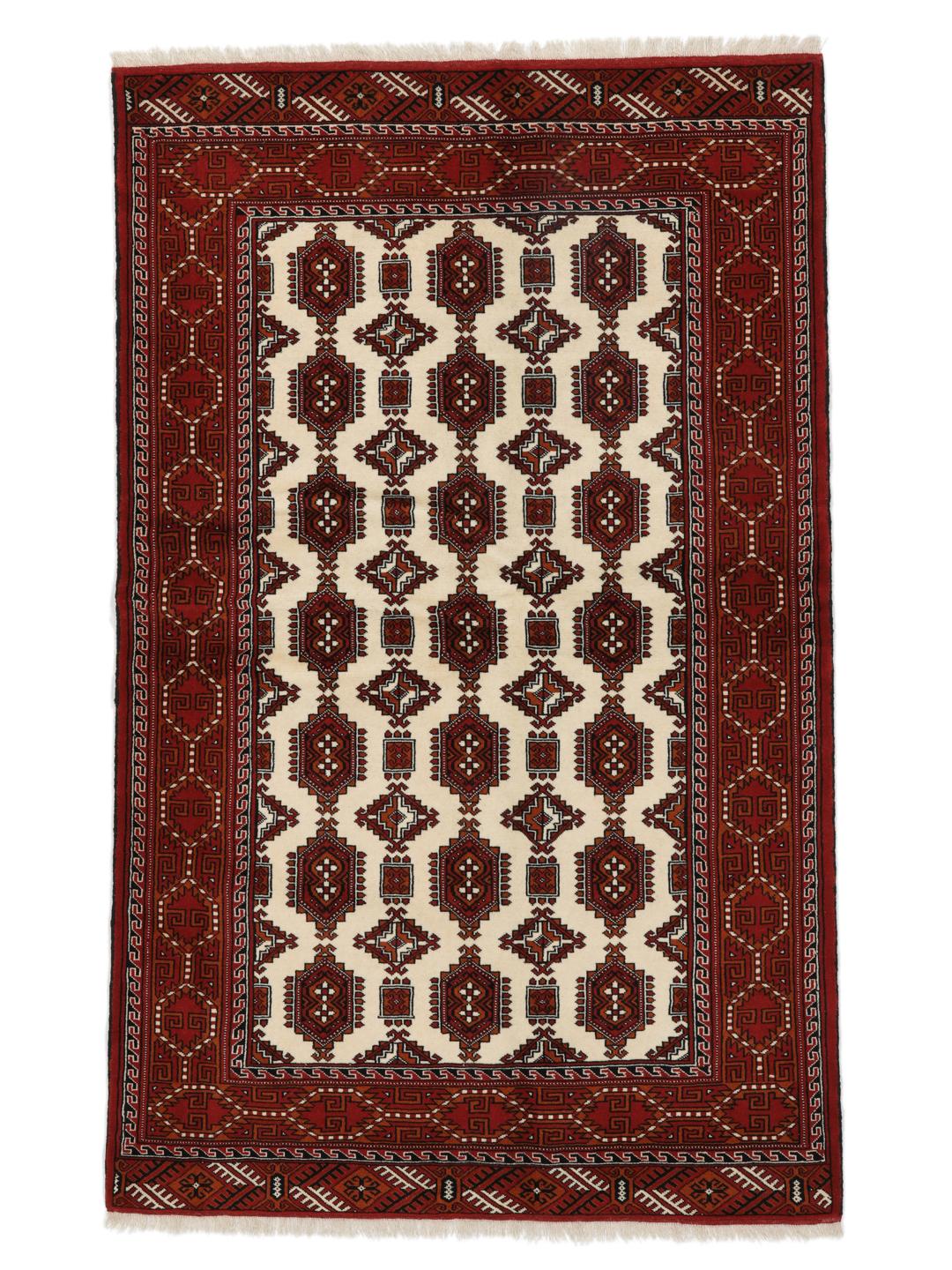 Handgeknoopt Turkaman-tapijt uit het Midden-Oosten in tinten rood en beige