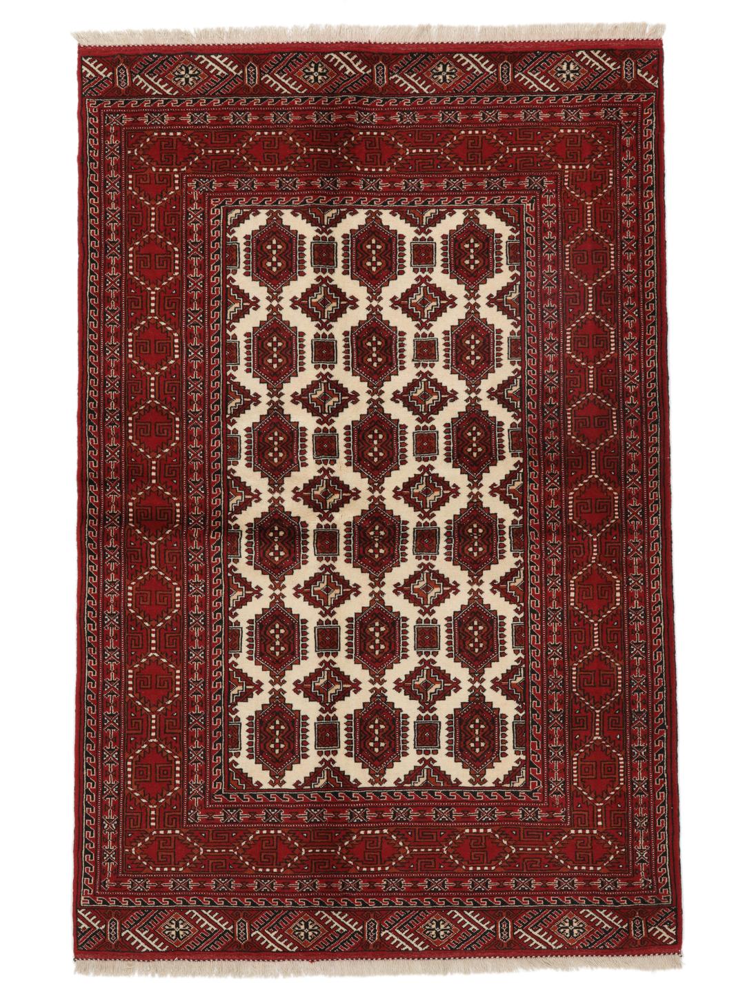 Handgeknoopt Turkaman-tapijt uit het Midden-Oosten in rood en crème