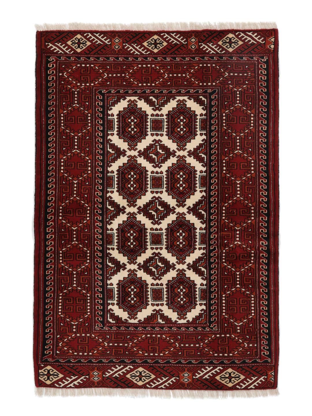 Handgeknoopt rood Turkaman-tapijt met traditionele geometrische motieven