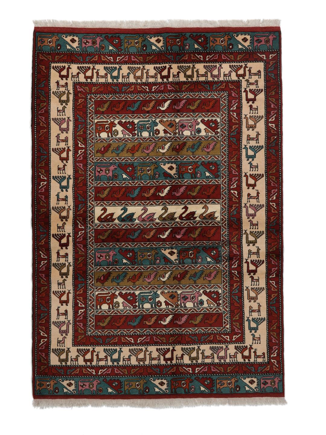 Hand-knotted Middle Eastern rug in red wool with pictorial motifs