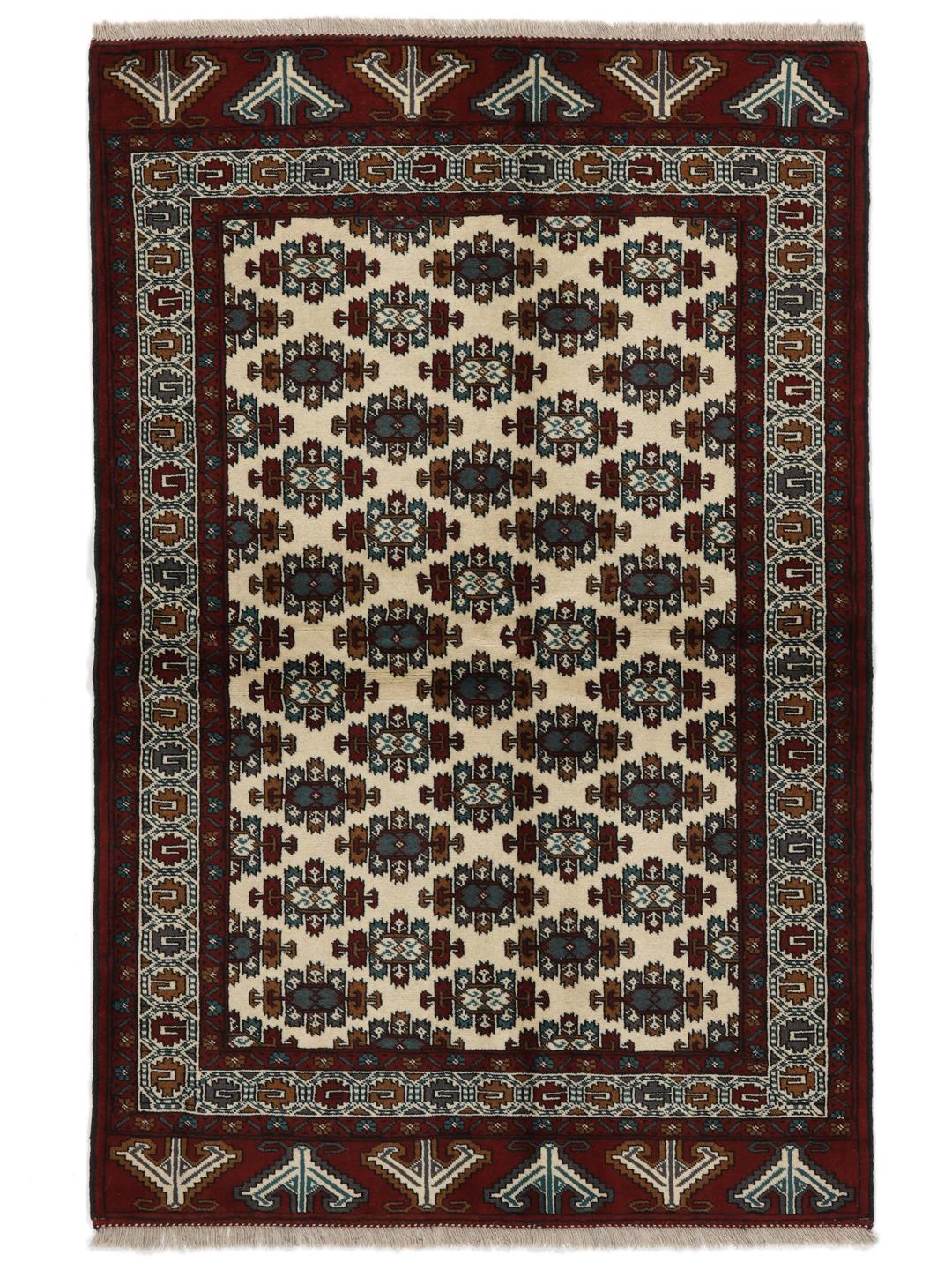 Hand-knotted Middle Eastern Turkaman wool rug in red and beige