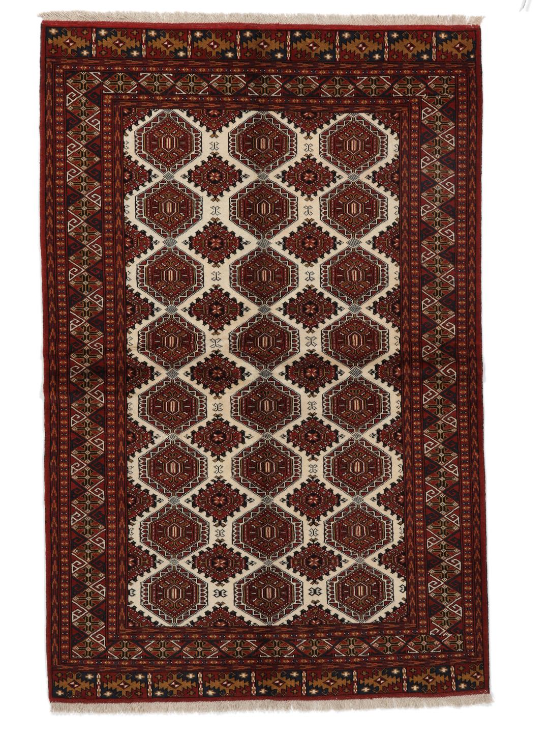 Handgeknoopt Turkaman-tapijt uit het Midden-Oosten in dieprode en beige tinten